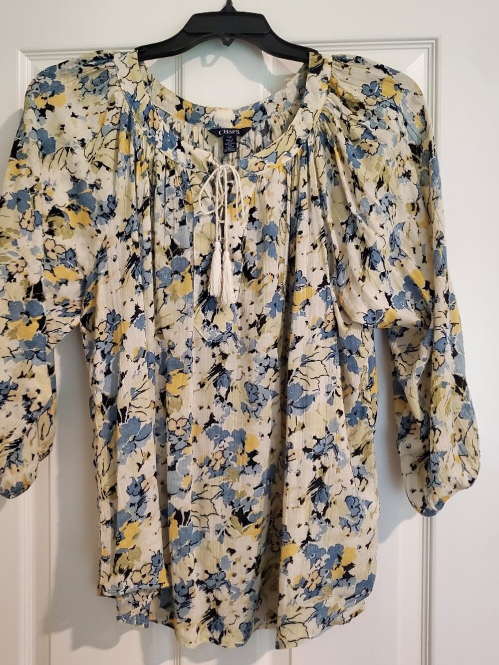 Chaps Ivory Tie Front Peasant Top with Blue/Yellow Floral - Womens Large